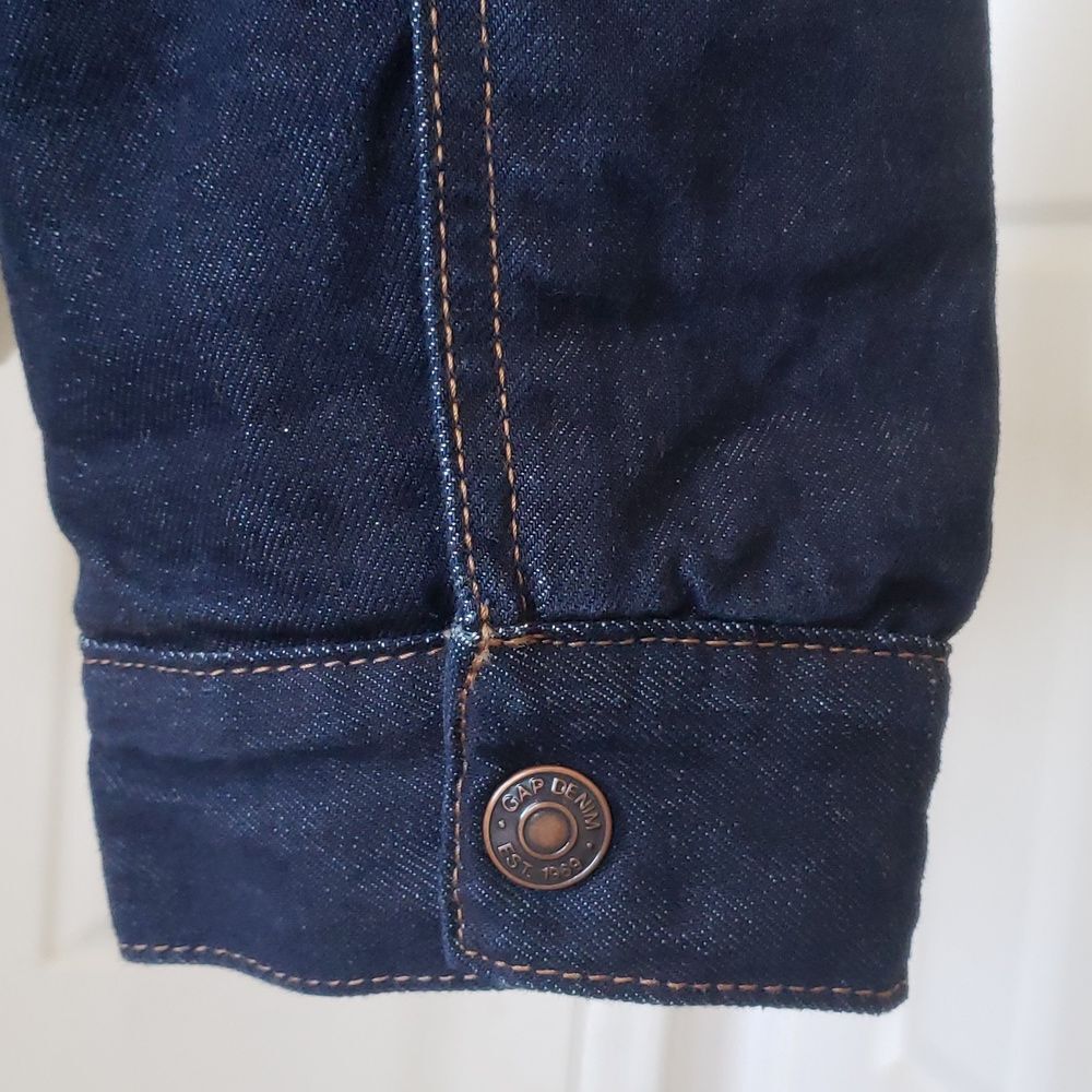 GAP Sherpa Lined Denim Trucker Jacket Dark Blue Oversized Cozy • SIZE SMALL - Picture 11 of 14